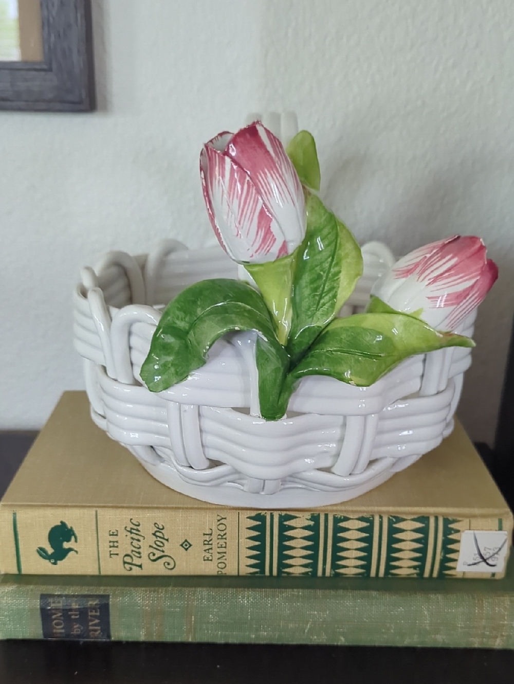 White Ceramic Basket Bowl with Pink Tulip Accents Made In Italy